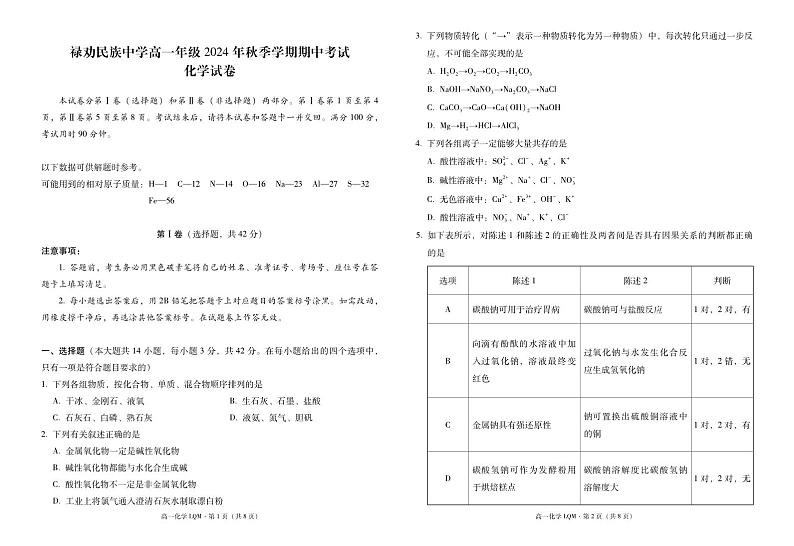 云南省昆明市禄劝彝族苗族自治县民族中学2024-2025学年高一上学期期中考试 化学试题01