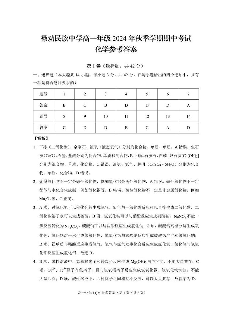 云南省昆明市禄劝彝族苗族自治县民族中学2024-2025学年高一上学期期中考试 化学试题01