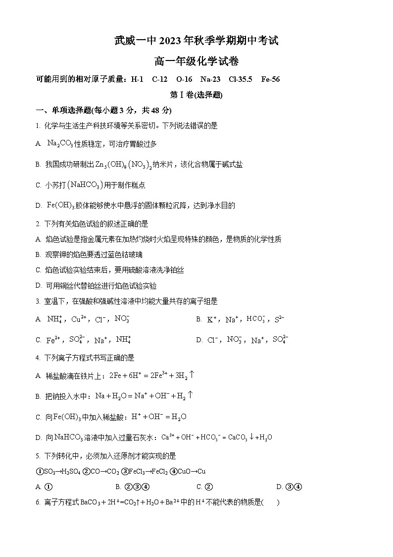 精品解析：甘肃省武威一中2023-2024学年高一上学期期中考试化学试卷（原卷版）第1页