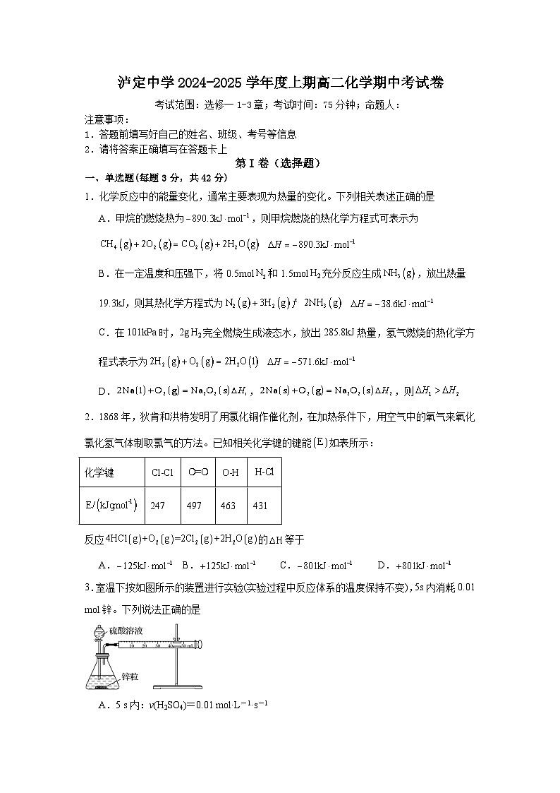 泸定中学2024-2025学年度上期高二化学期中考试卷第1页