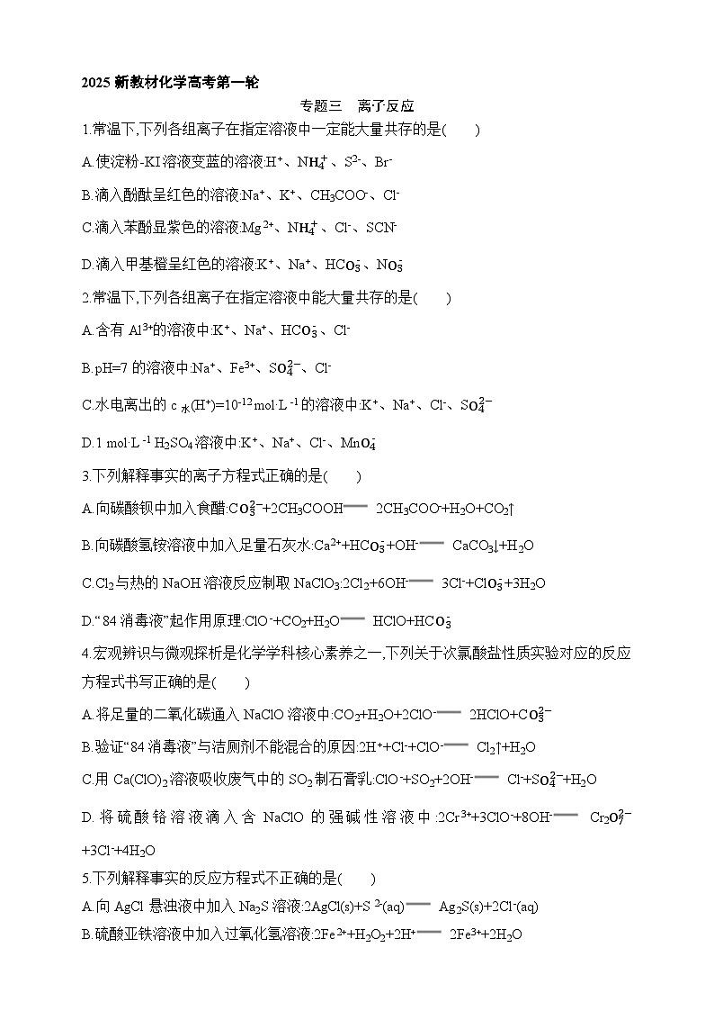 专题三 离子反应（含答案）-2025年新高考化学二轮专题练习（含答案）第1页