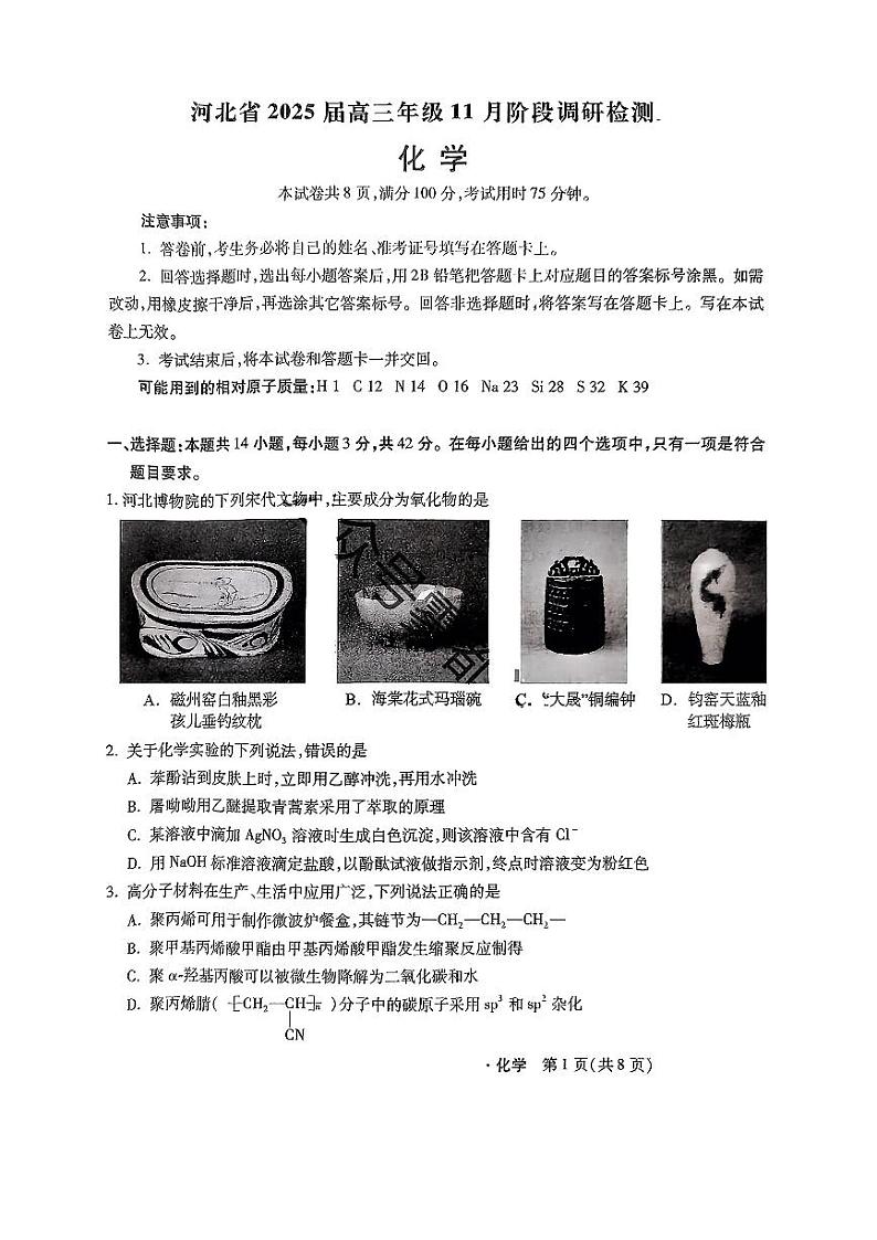 2025届河北省高三上学期11月考-化学试题+答案第1页