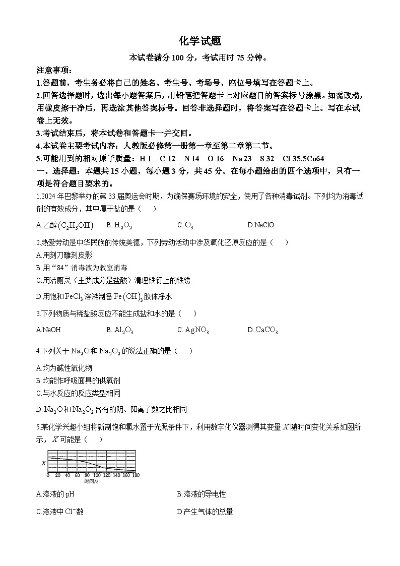 河北省定州市名校2024-2025学年高一上学期期中联考化学试题第1页