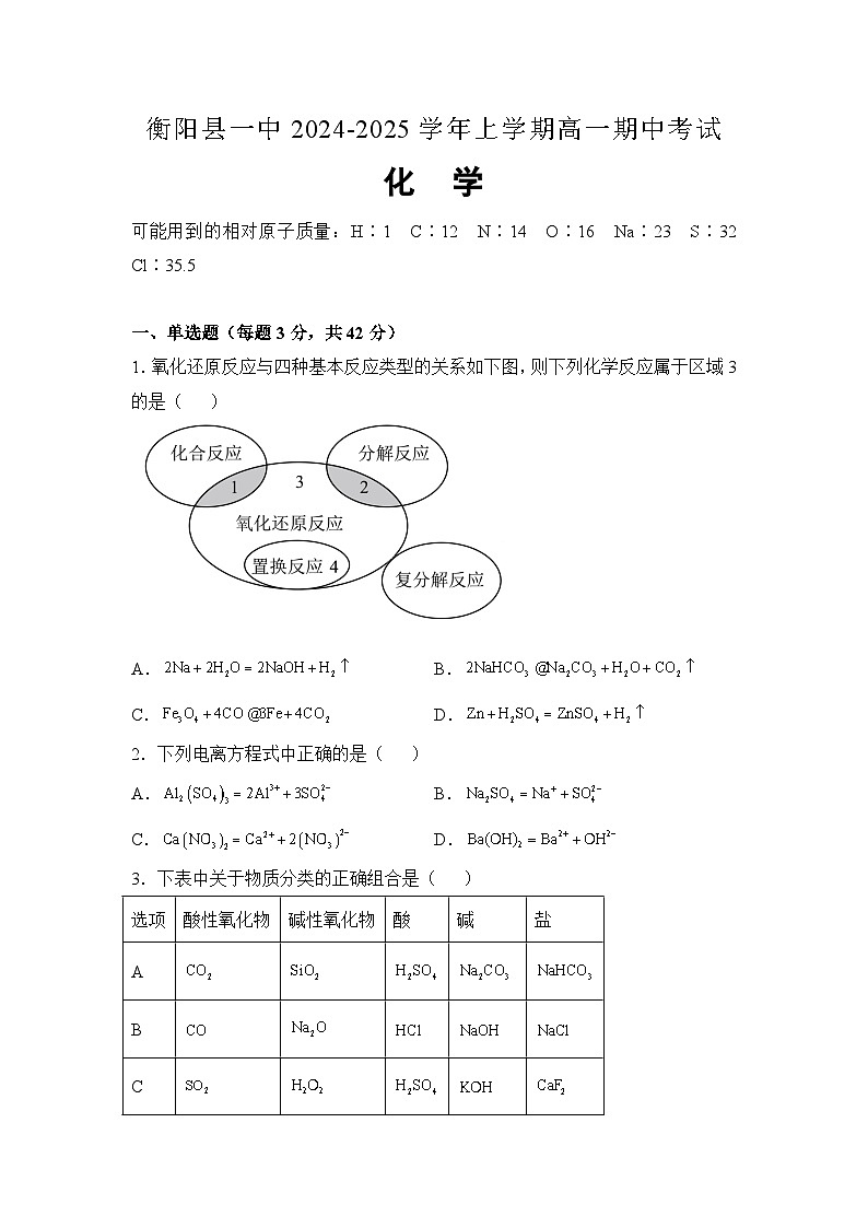 2025衡阳衡阳县一中高一上学期11月期中考试化学试题含解析第1页