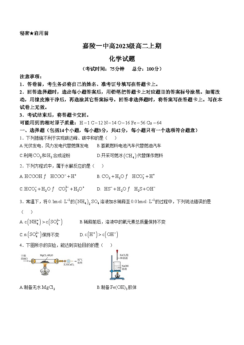 四川省南充市嘉陵第一中学2024-2025学年高二上学期11月期中考试 化学试题01