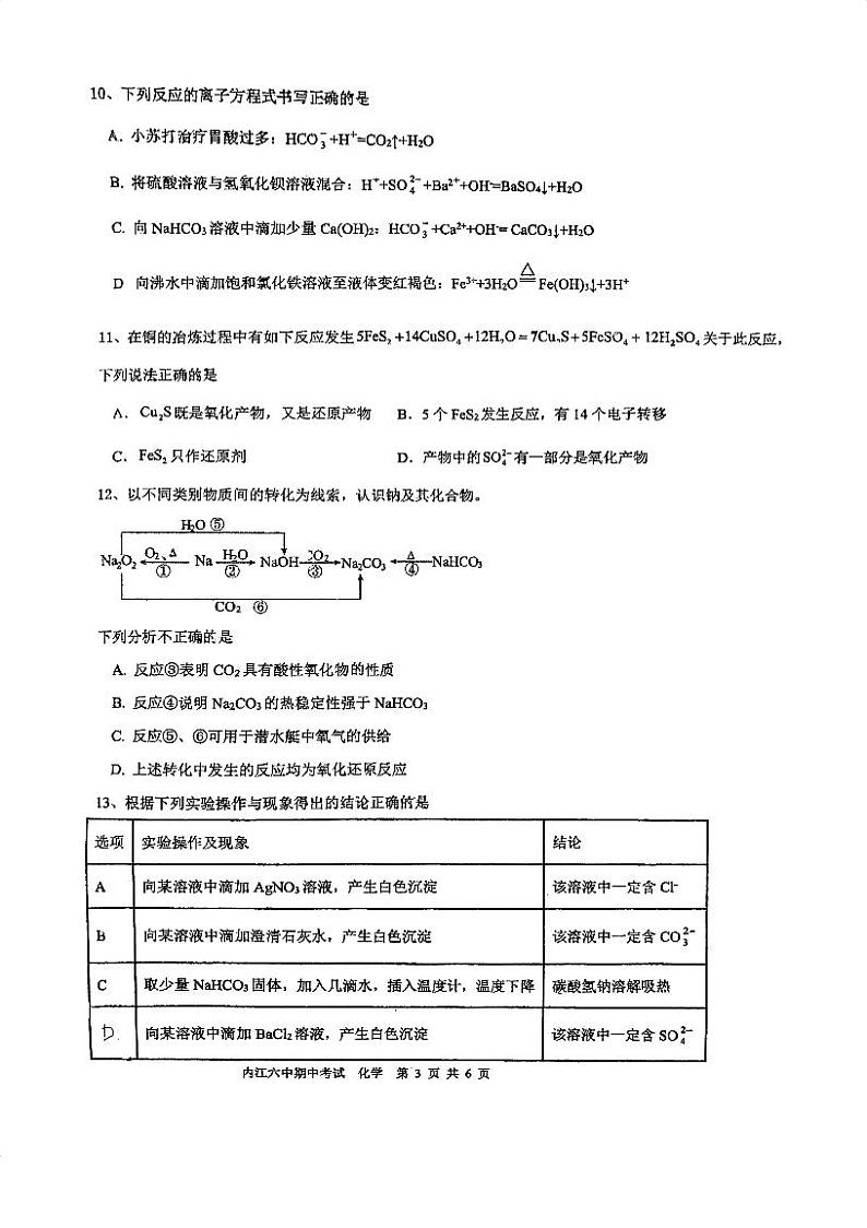 四川省内江市第六中学2024-2025学年高一上学期11月期中考试 化学试题第3页