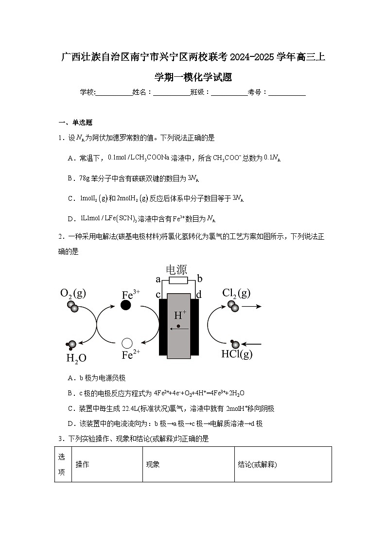 广西壮族自治区南宁市兴宁区两校联考2024-2025学年高三上学期一模化学试题第1页