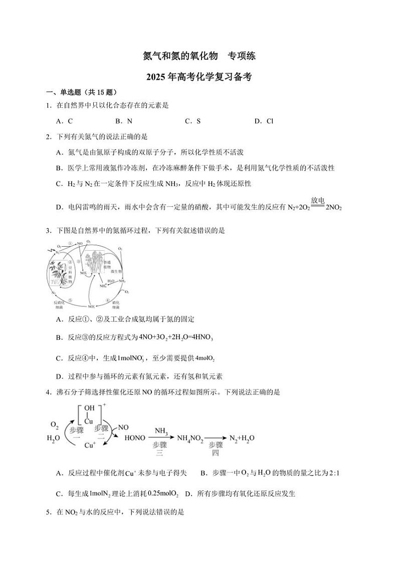2025年高考化学一轮复习备考专项练 氮气和氮的氧化物第1页