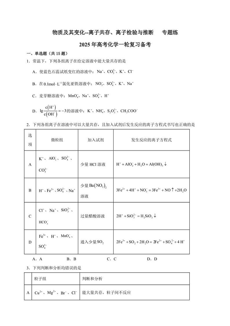 2025年高考化学一轮复习备考专项练 物质及其变化--离子共存、离子检验与推断第1页