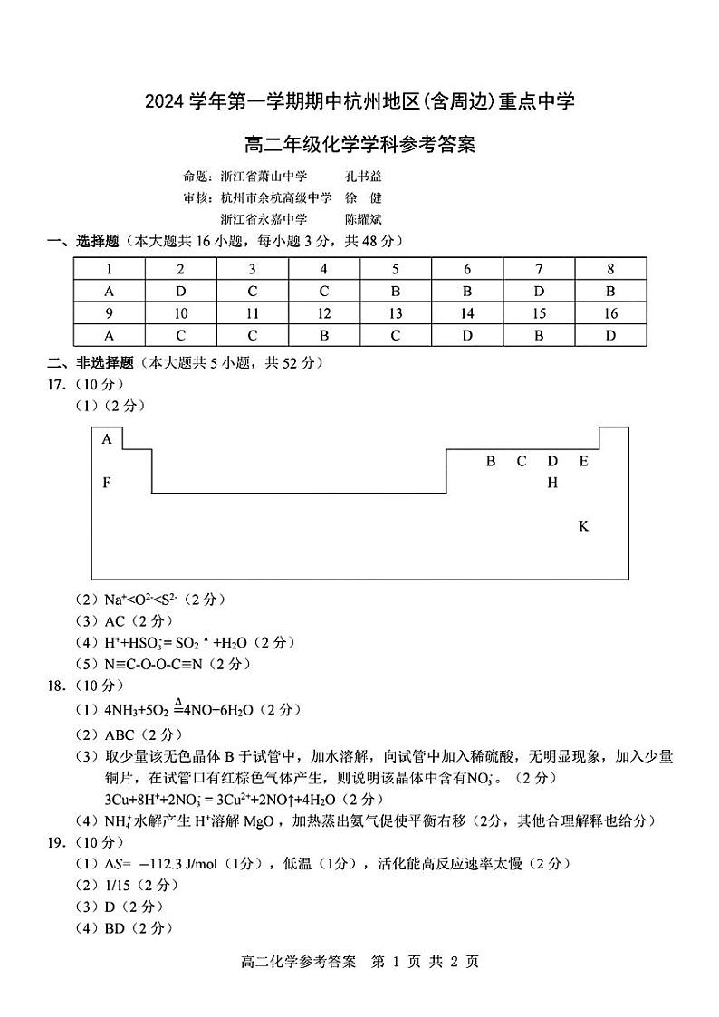 浙江省杭州地区（含周边）重点中学2024-2025学年高二上学期期中联考 化学试卷答案第1页