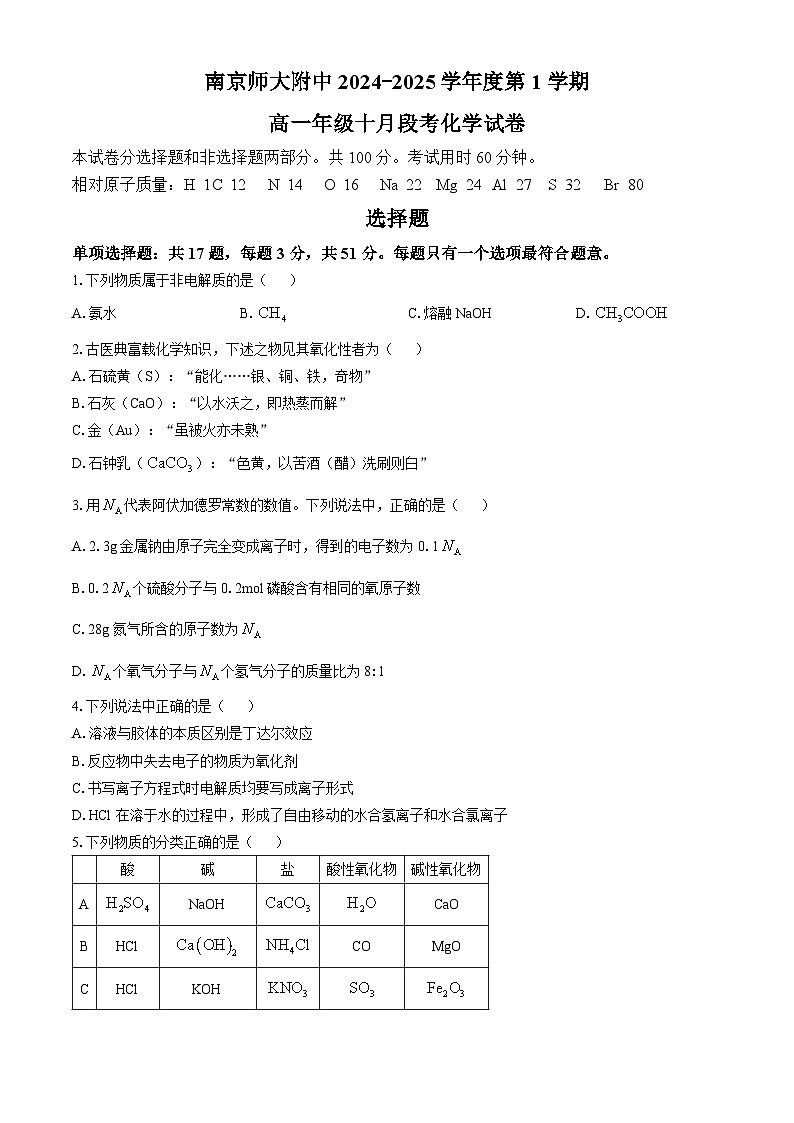 江苏省南京师范大学附属中学2024-2025学年高一上学期期中化学试题第1页