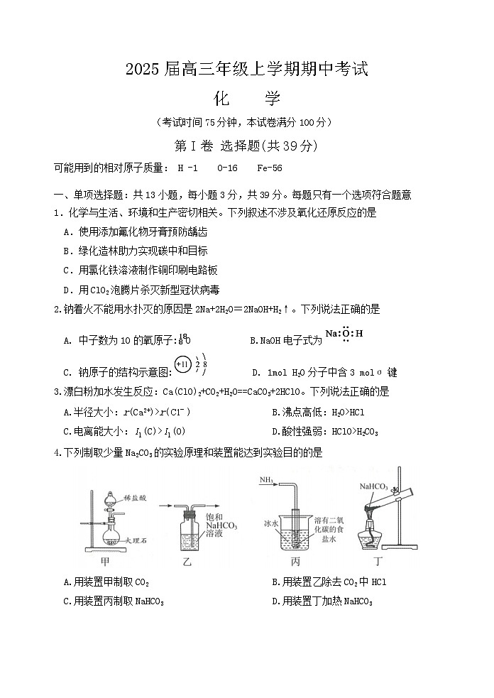 江苏省宿迁市2024-2025学年高三上学期11月期中考试  化学  Word版含答案01