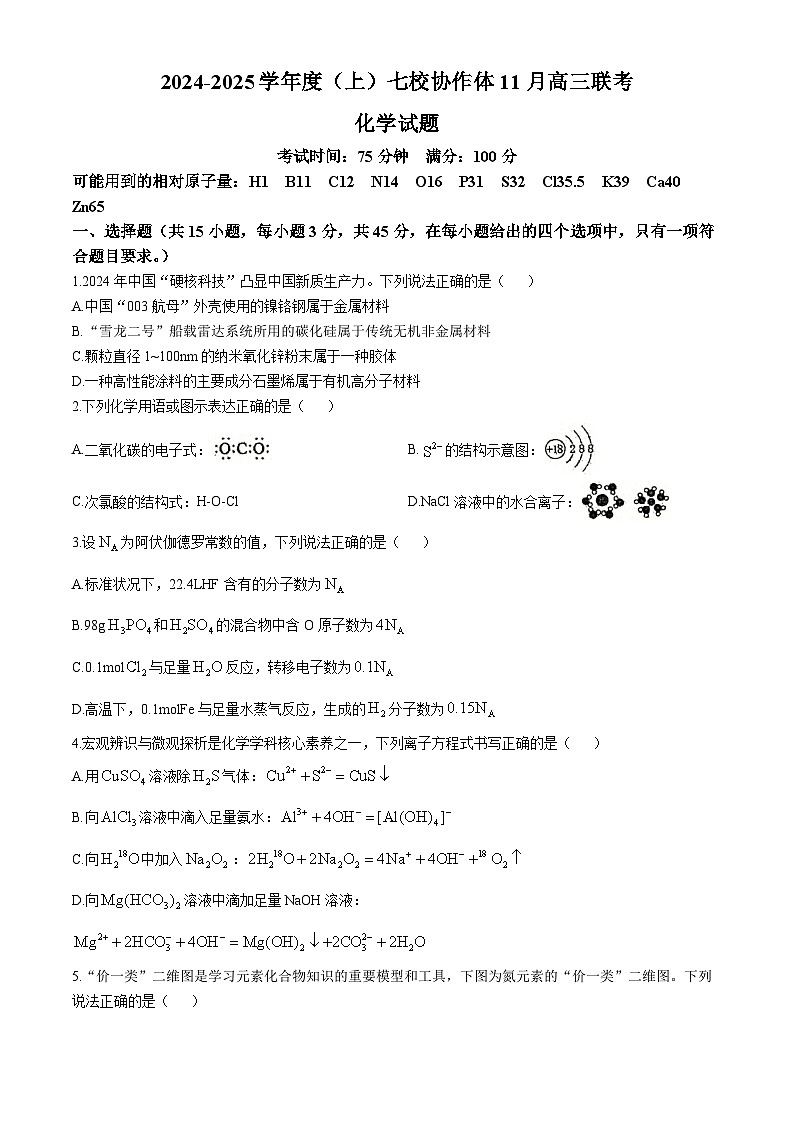 辽宁省七校协作体2024-2025学年高三上学期11月期中联考试题 化学第1页