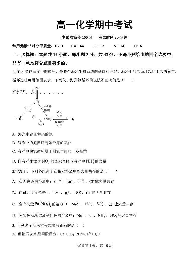 河北省保定市部分高中2024-2025学年高一上学期11月期中考试 化学试题01