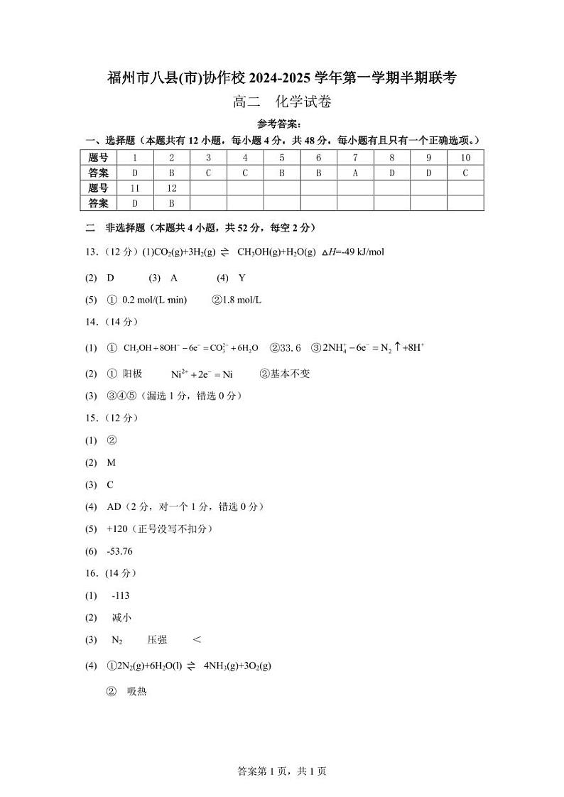 福州市八县(市)协作校2024-2025学年第一学期半期联考高二  化学答案第1页