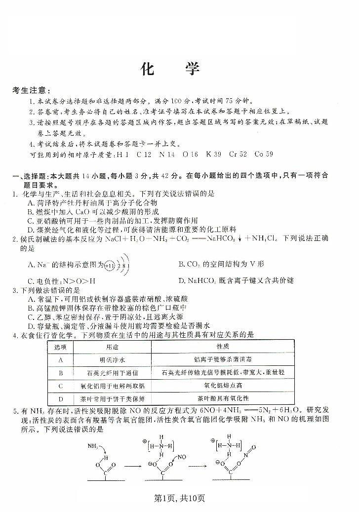 河北省沧州市三校联考2024-2025学年高三上学期11月期中考试 化学试题第1页