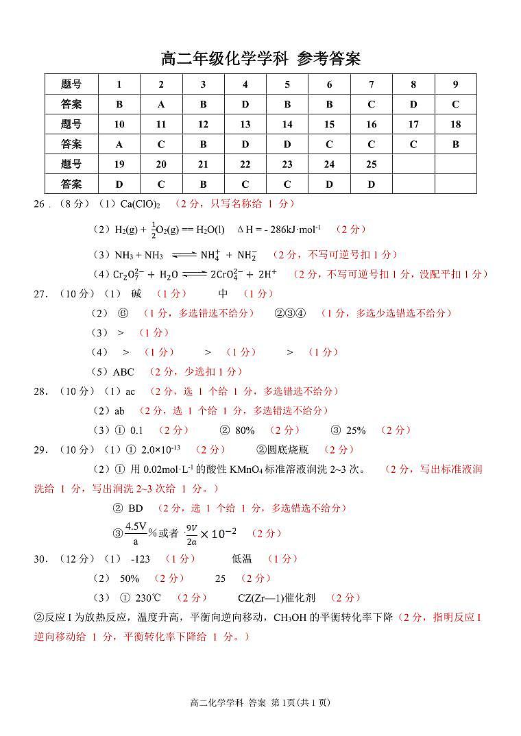 高二化学答案第1页