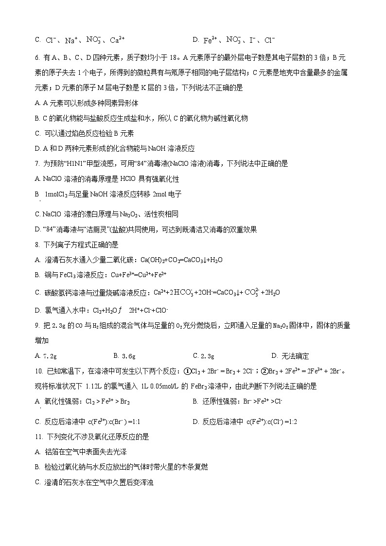 精品解析：四川省泸州市龙马潭区泸化中学2024-2025学年高一上学期11月期中化学试题（原卷版）第3页