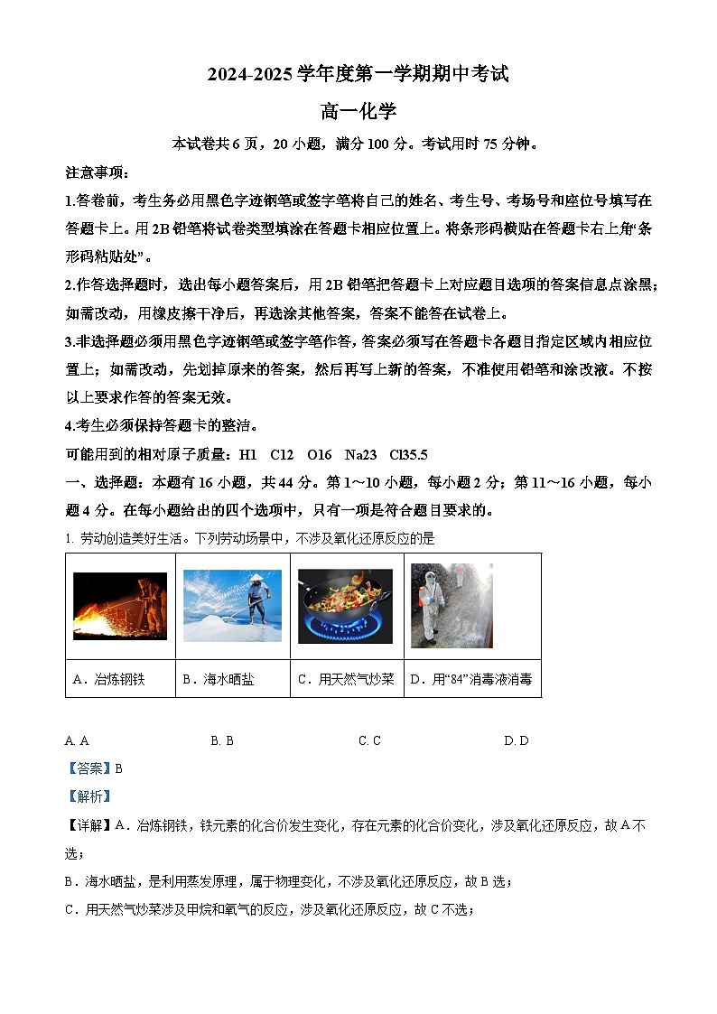 精品解析：广东省茂名市信宜市2024-2025学年高一上学期期中考试 化学试题（解析版）第1页