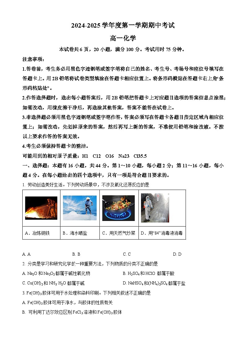 精品解析：广东省茂名市信宜市2024-2025学年高一上学期期中考试 化学试题（原卷版）第1页