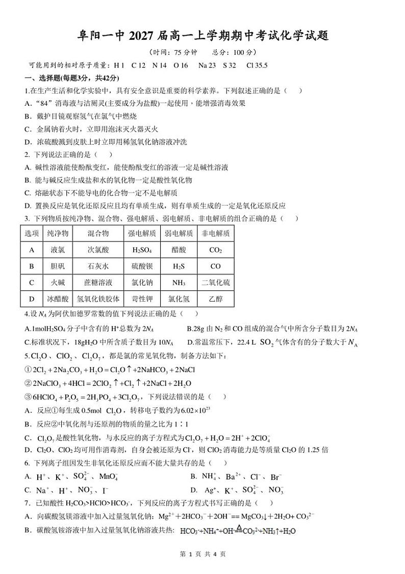 安徽省阜阳市第一中学2024～2025学年高一(上)期中化学试卷(含答案)第1页