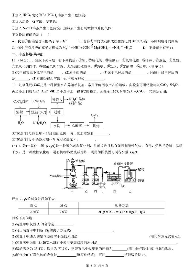 安徽省阜阳市第一中学2024～2025学年高一(上)期中化学试卷(含答案)第3页