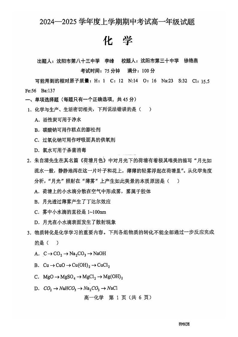 辽宁省沈阳市郊联体2024-2025学年高一上学期11月期中考试化学试卷（PDF版附答案）第1页