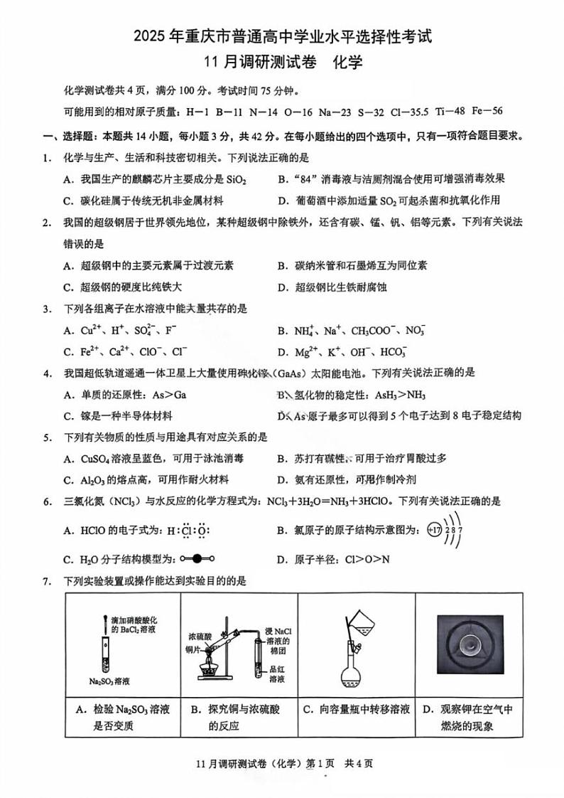 2025届重庆市康德卷高三上学期11月考-化学试卷+答案第1页