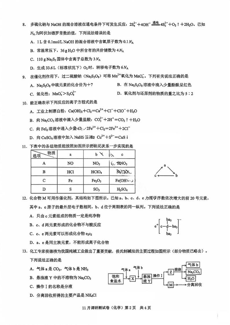 2025届重庆市康德卷高三上学期11月考-化学试卷+答案第2页