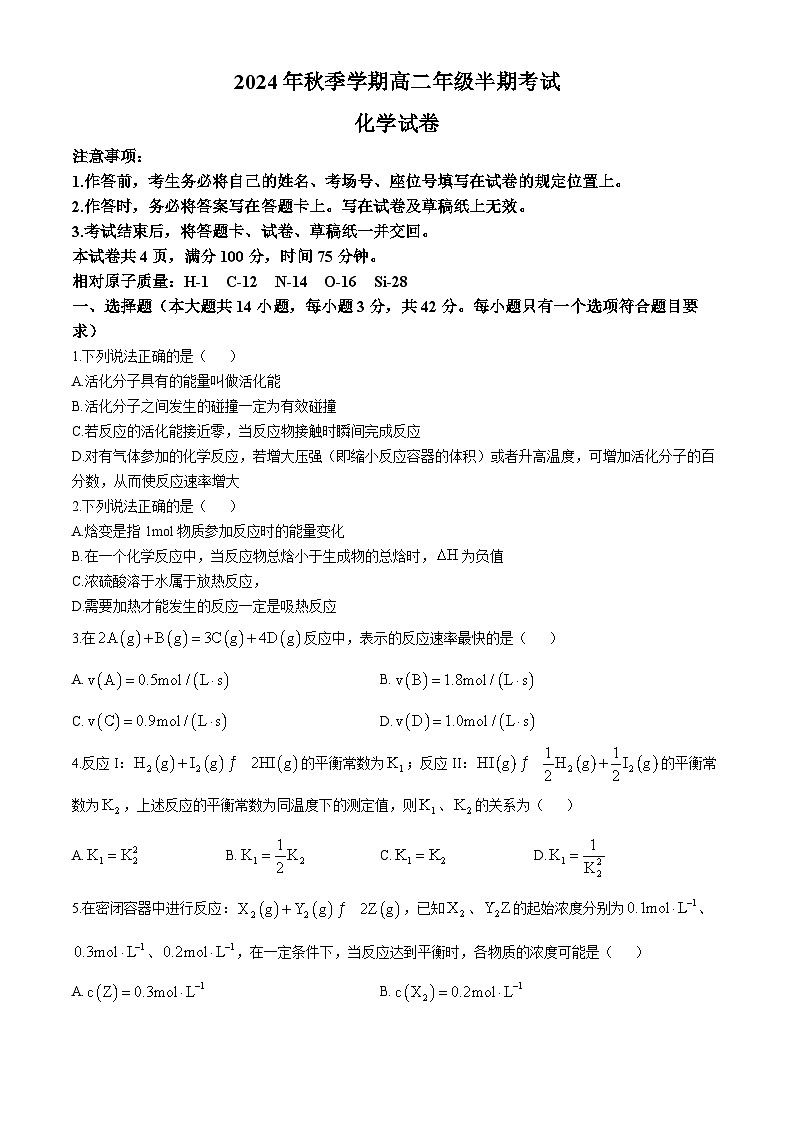 重庆市第九十四初级中学校2024-2025学年高二上学期期中考试化学试题01