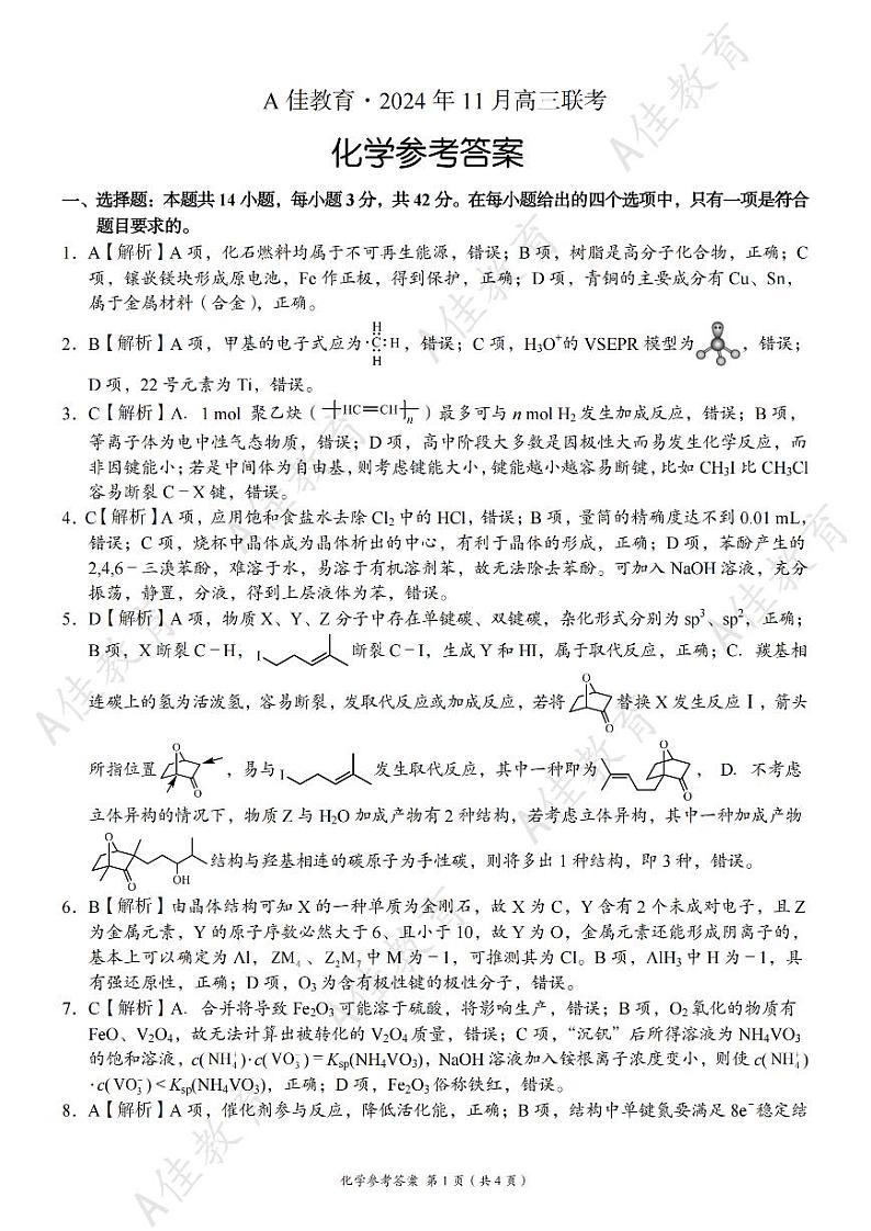 湖南省湖湘教育三新探索协作体（A佳教育）2024-2025学年高三上学期11月期中联考化学试卷（PDF版附答案）01