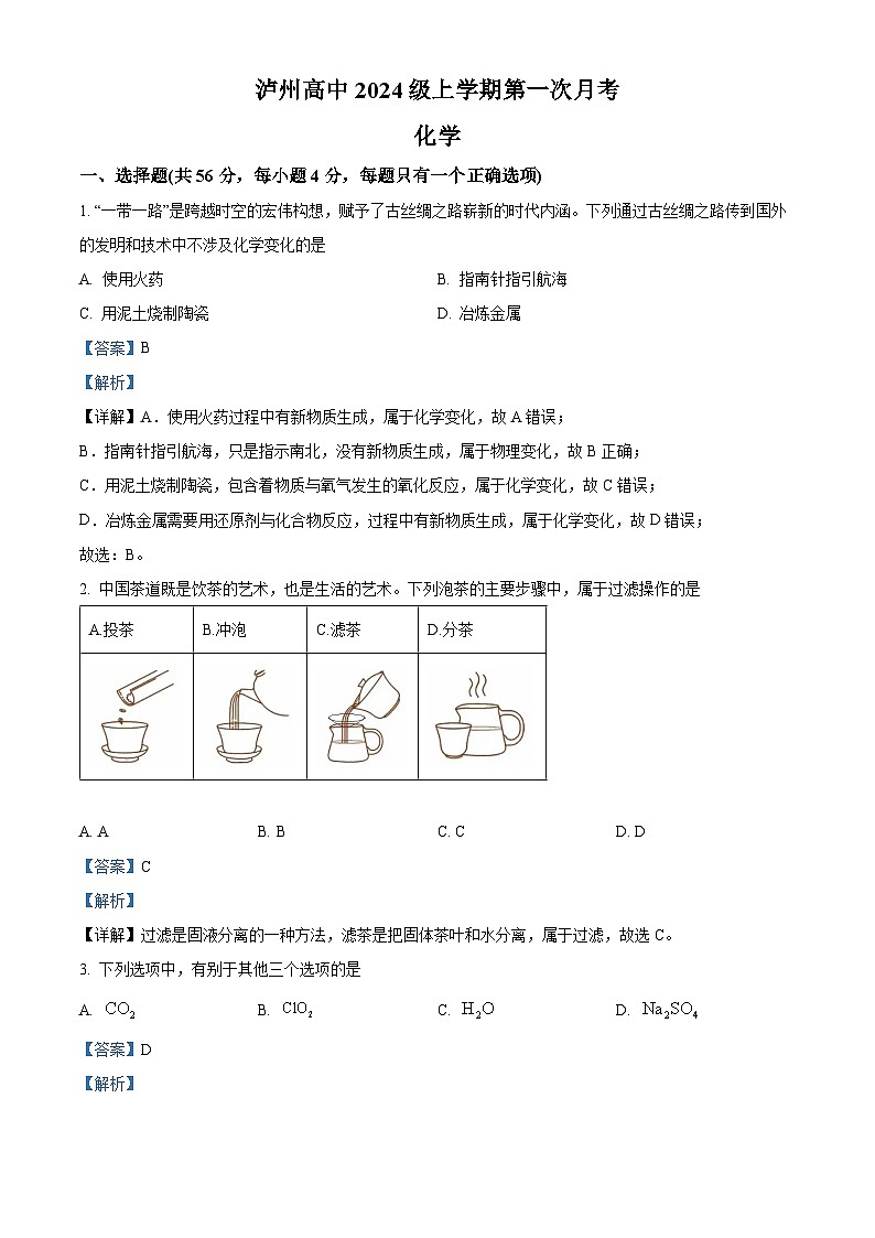 四川省泸州高中2024-2025学年高一上学期第一次月考化学卷试卷（Word版附解析）01