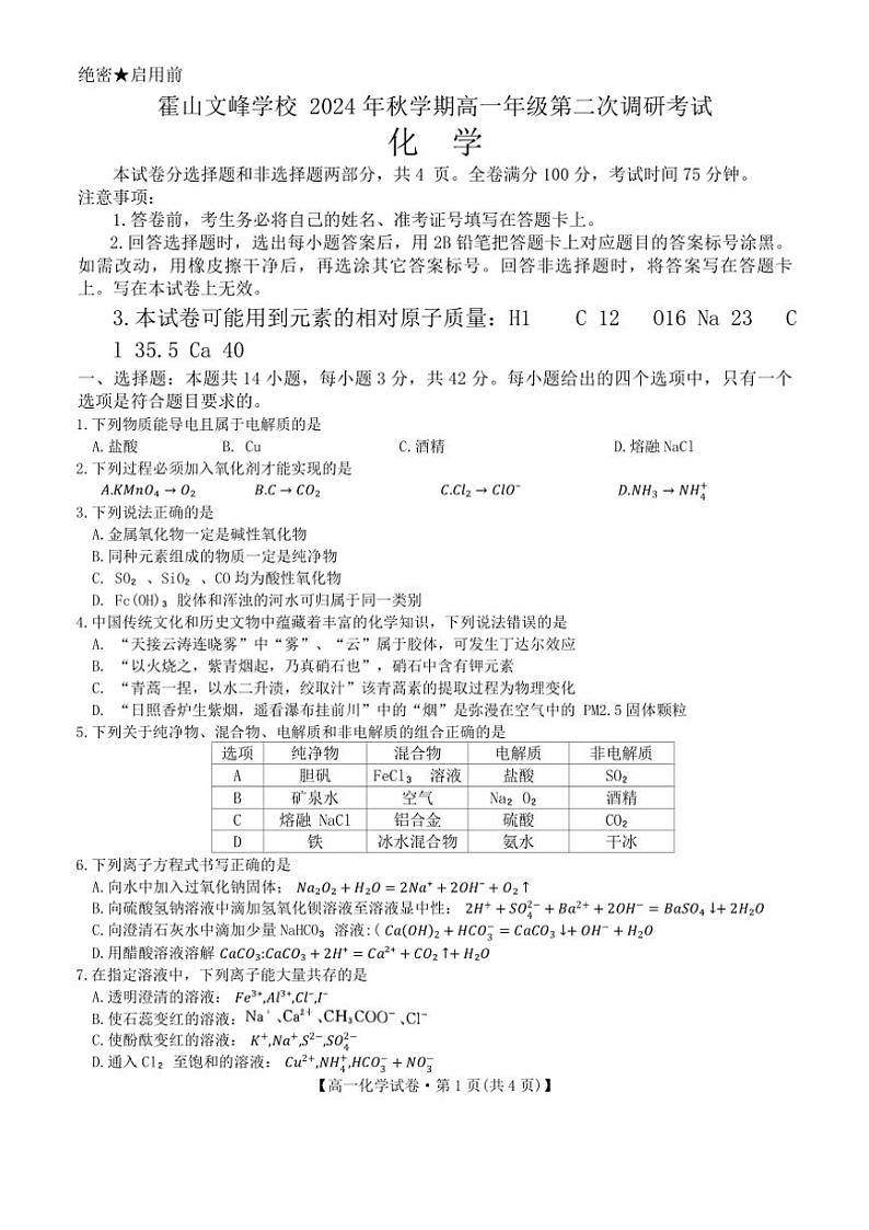 安徽省六安市霍山文峰学校2024～2025学年高一(上)第二次调研考试化学试卷(含答案)01