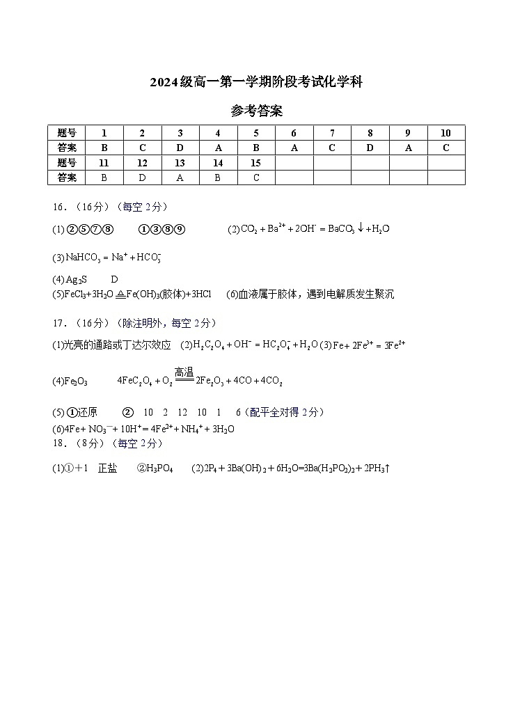 2024级高一第一学期阶段考试化学科（答案）第1页