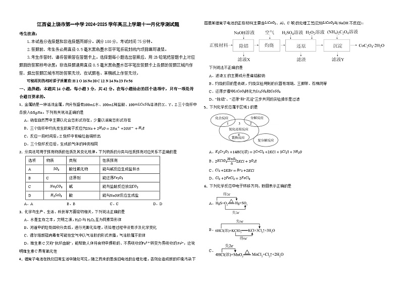 江西省上饶市第一中学2024-2025学年高三上学期十一月化学测试题第1页