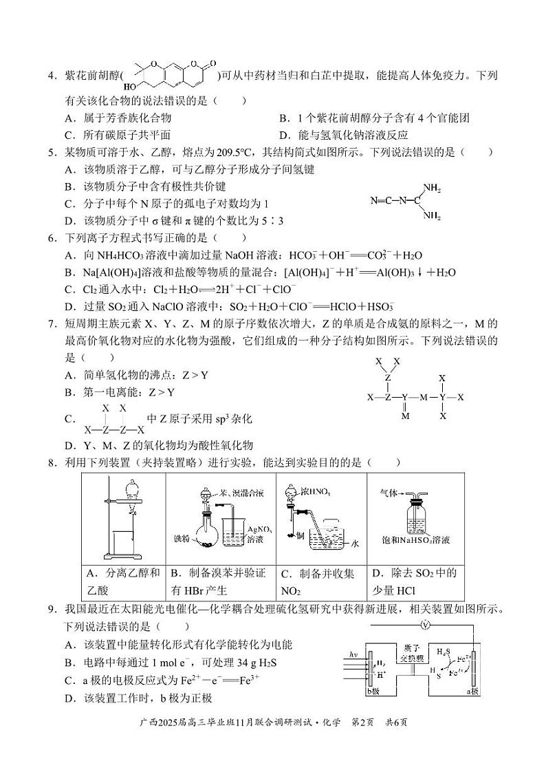 广西壮族自治区2024-2025学年高三上学期11月联考 化学试题第2页