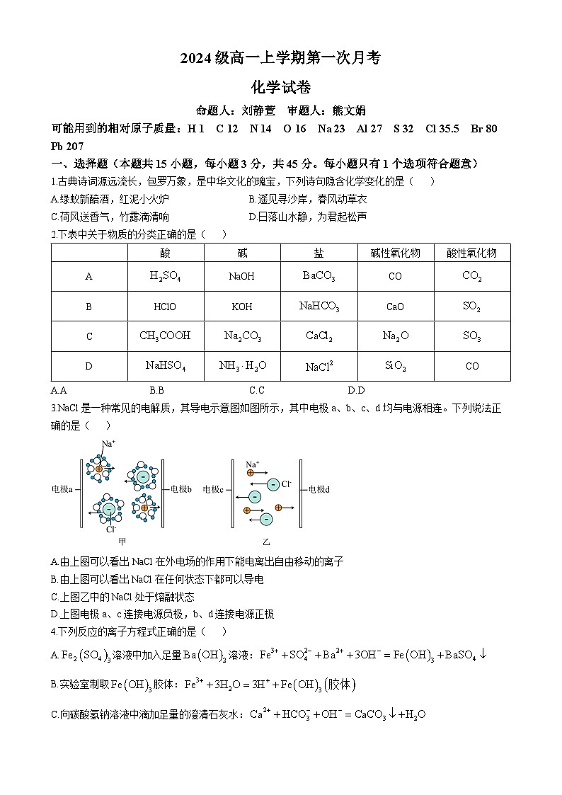 河南省驻马店经济开发区高级中学2024-2025学年高一上学期第一次月考 化学试题01
