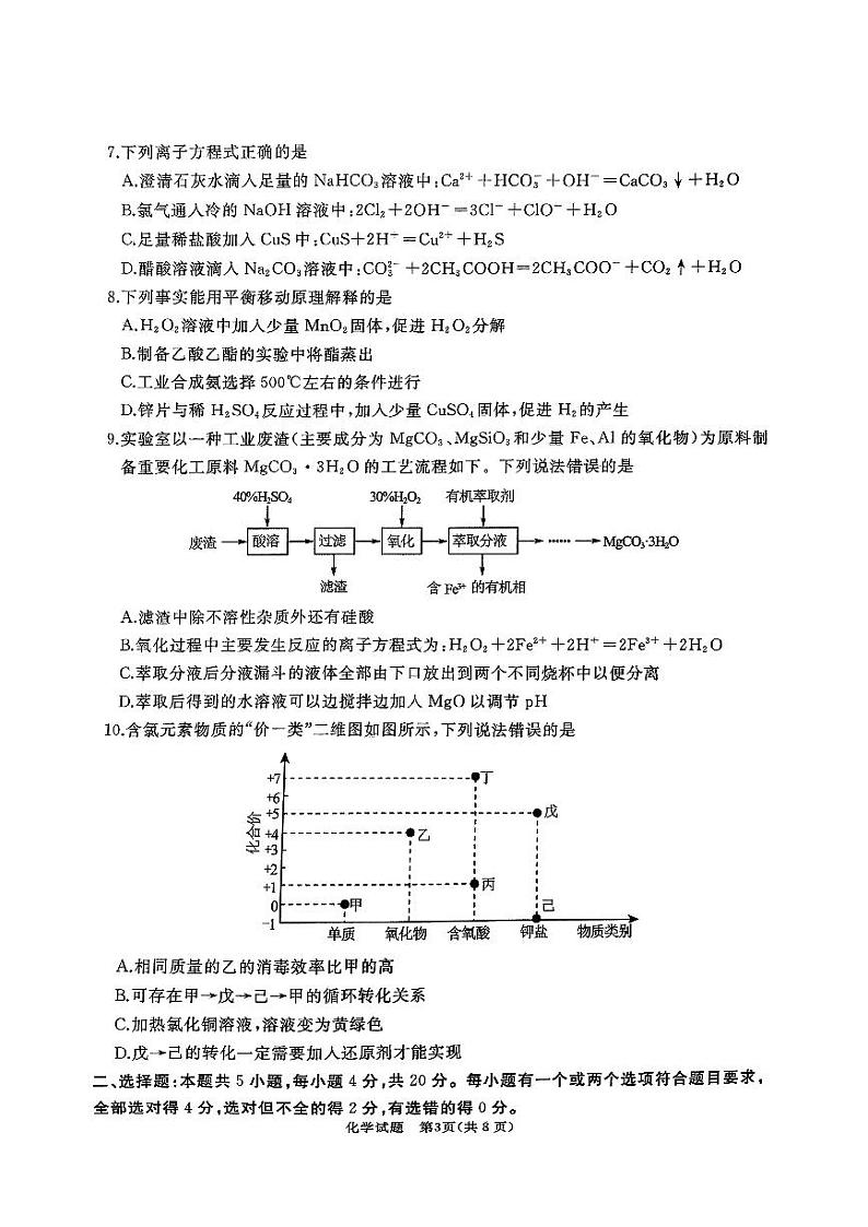 2025枣庄滕州高三上学期11月定时训练（期中）考试化学试题PDF版无答案第3页