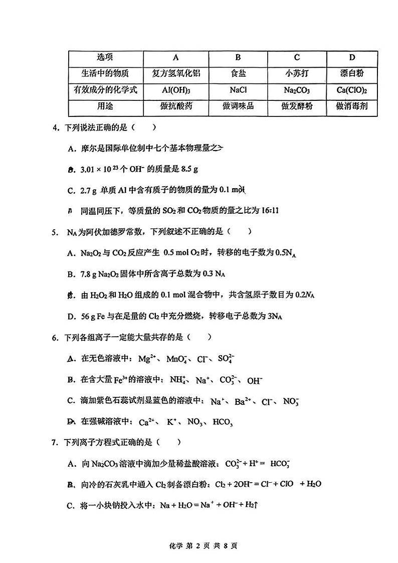 重庆市鲁能巴蜀中学校2024-2025学年高一上学期半期（期中）考试+化学试题第2页