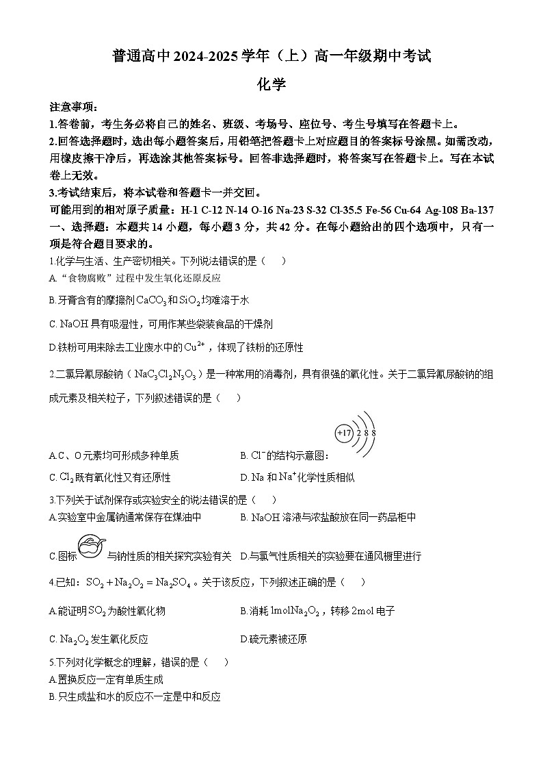 河南省驻马店市普通高中2024-2025学年高一上学期期中考试 化学试题 第1页