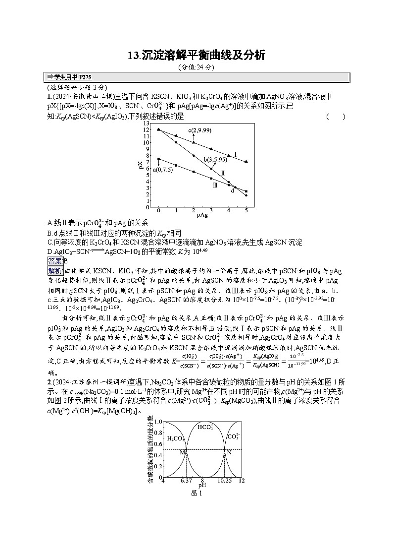 备战2025年高考二轮复习化学（通用版）选择题热点练13 沉淀溶解平衡曲线及分析（Word版附解析）第1页