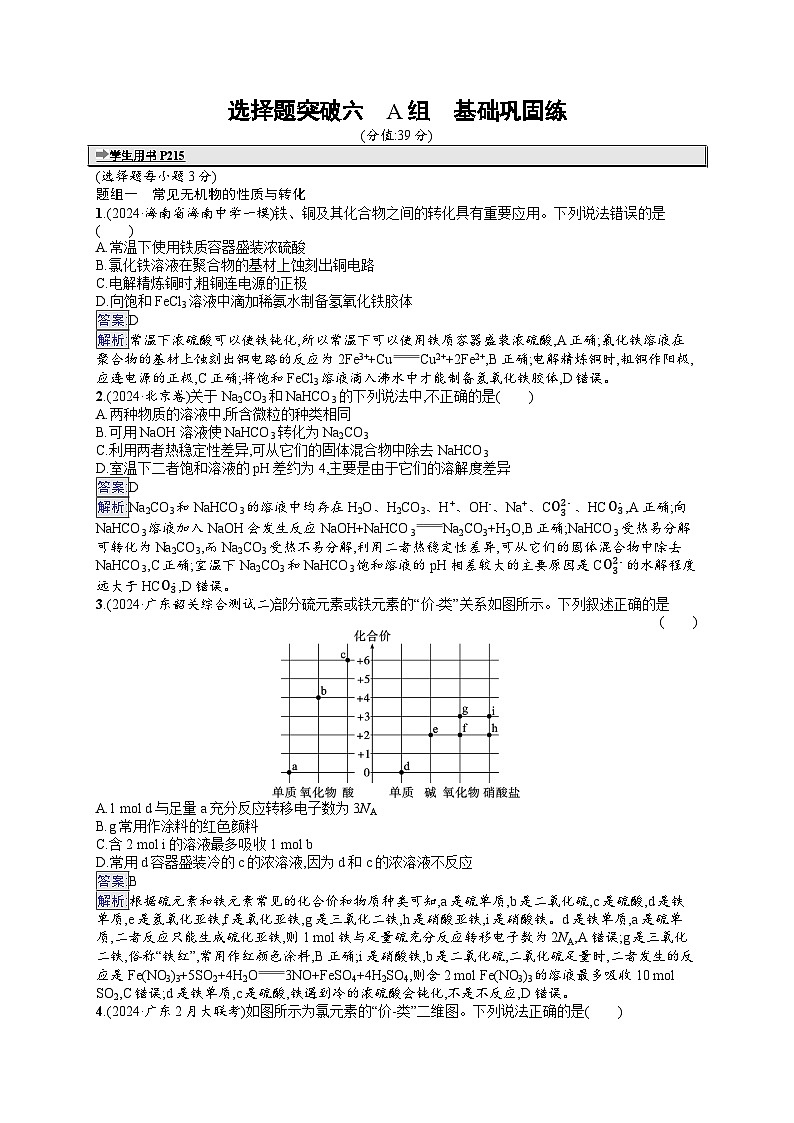 备战2025年高考二轮复习化学（通用版）大单元 选择题突破练6 A组（Word版附解析）第1页