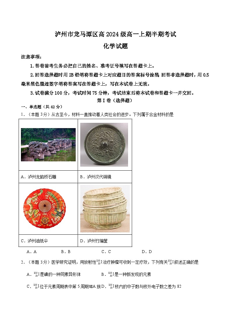 四川省泸州市龙马潭区2024-2025学年高一上学期11月期中考试化学试题第1页