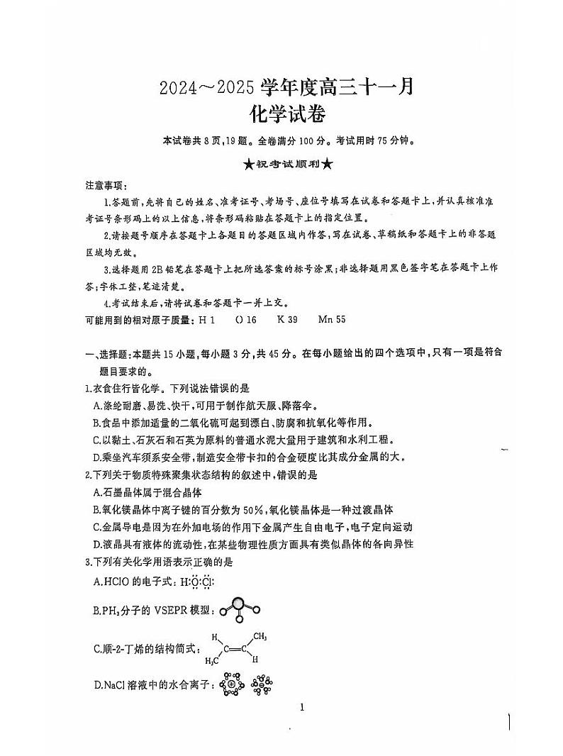 2025届湖北省武汉市江岸区高三上学期11月调研-化学试题+答案第1页