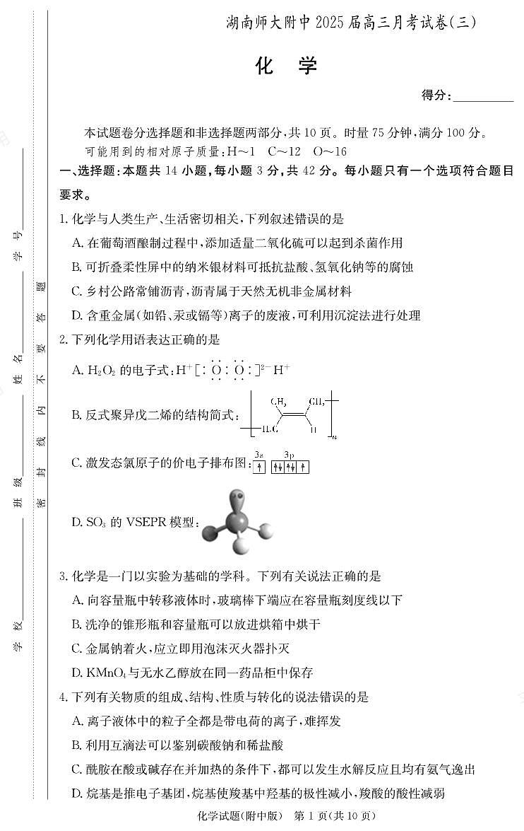 2025届湖南师大附中高三上学期11月考-化学试题+答案第1页