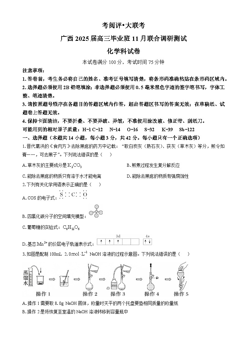 广西南宁市2024-2025学年高三上学期11月联考 化学试题第1页