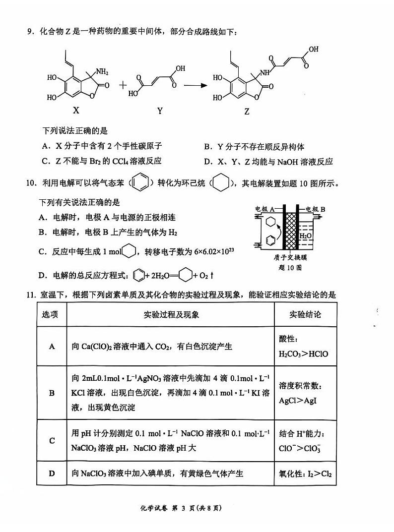 2025届江苏省连云港市高三上学期11月考-化学试卷+答案第3页