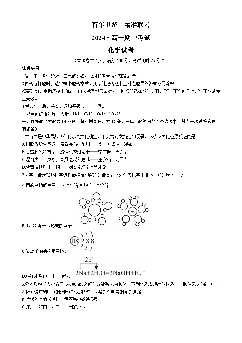 湖南省长沙市百年世范精准联考2024-2025学年高一上学期期中考试  化学试卷第1页