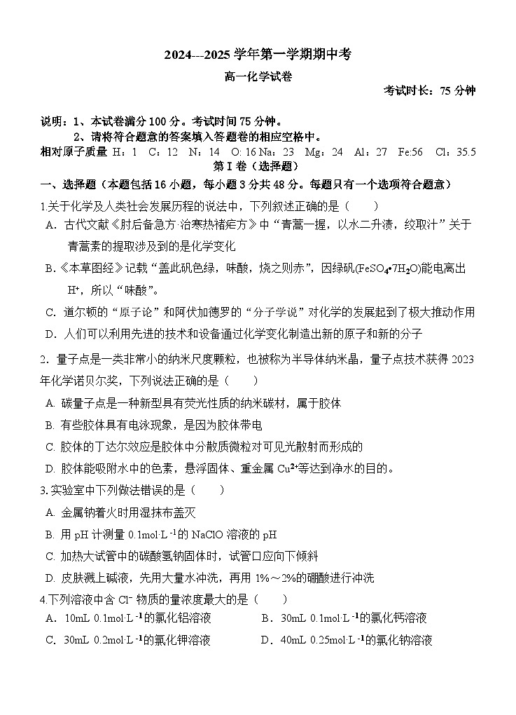福建省厦门市湖滨中学2024-2025学年高一上学期期中考试化学试题第1页
