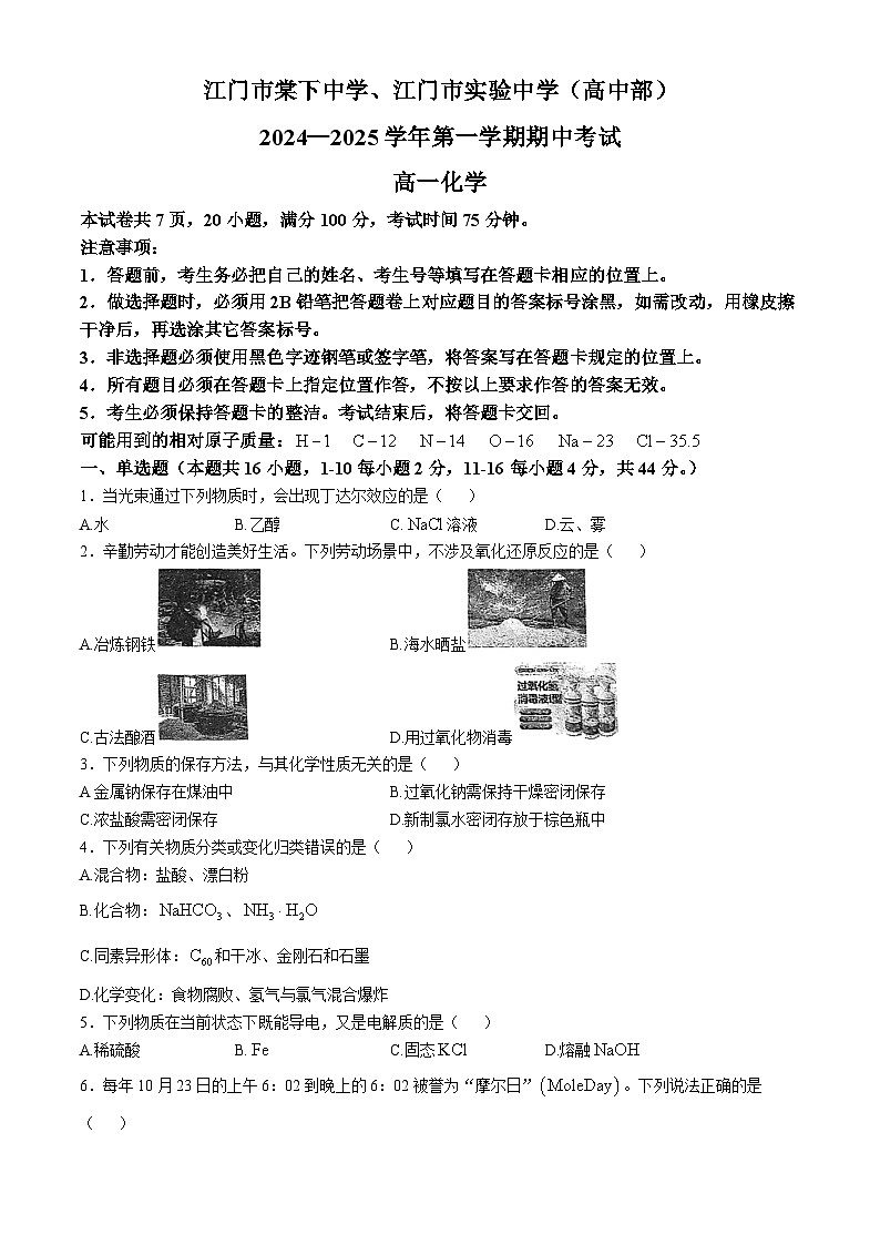 广东省江门市棠下学、实验中学（高中部）2024-2025学年高一上学期期中考试化学试题(无答案)第1页
